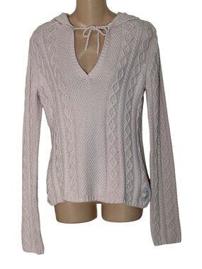 Vintage Polo Jeans Co. Pink Hooded Cable Knit Sweater V-Neck Tie Medium Y2K L/S